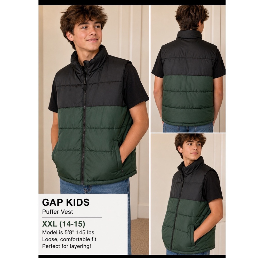Gap Kids ColdControl PufferVest Green Black Colorblock XXL 14-16 Water Resistant